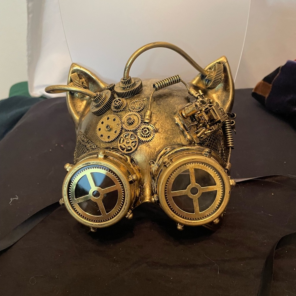 Halloween Steampunk Cosplay Cat with Goggles Face Mask, Gold, One Size 7in NEW